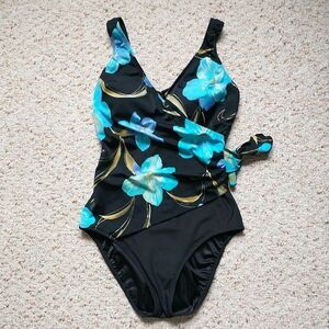 Great Lengths Swimsuit 12 Black Blue Floral OnePiece Faux Wrap ShelfBra Hawaiian